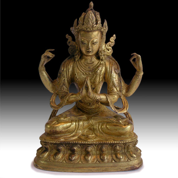 Four Armed Avalokiteshvara Chenrezig 19th Century Tibeto Chinese Gilt Bronze Buddha Statue