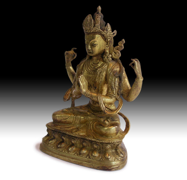 Four Armed Avalokiteshvara Chenrezig 19th Century Tibeto Chinese Gilt Bronze Buddha Statue