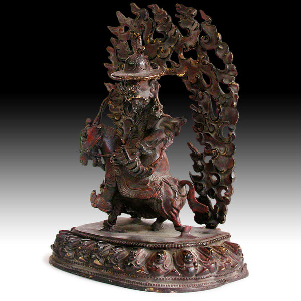 Damchen Garwa Nagpo Guardian on Goat Antique Tibetan Lacquered Bronze Buddha Shrine Statue 山羊大士