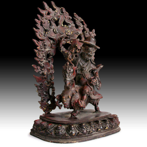 Damchen Garwa Nagpo Guardian on Goat Antique Tibetan Lacquered Bronze Buddha Shrine Statue 山羊大士