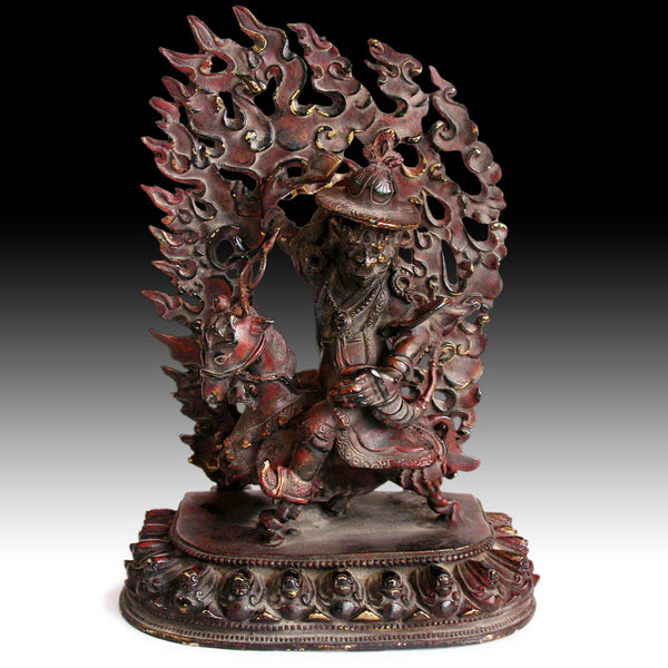 Damchen Garwa Nagpo Guardian on Goat Antique Tibetan Lacquered Bronze Buddha Shrine Statue 山羊大士