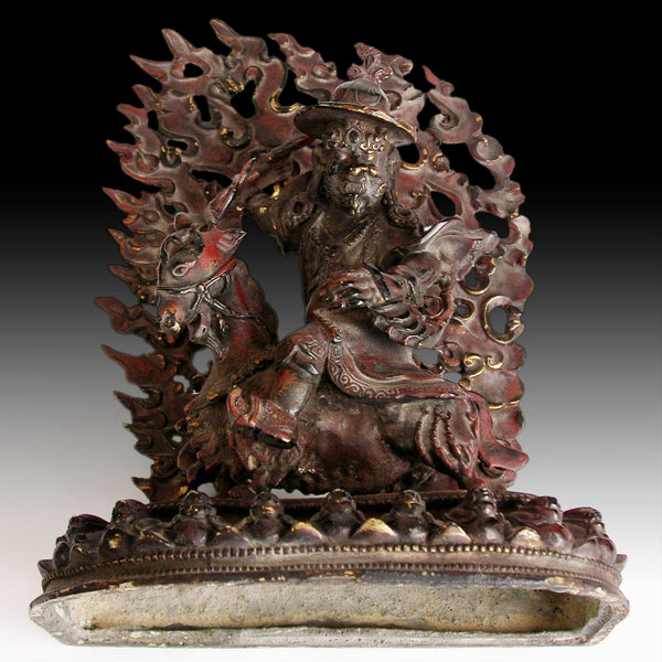 Damchen Garwa Nagpo Guardian on Goat Antique Tibetan Lacquered Bronze Buddha Shrine Statue 山羊大士