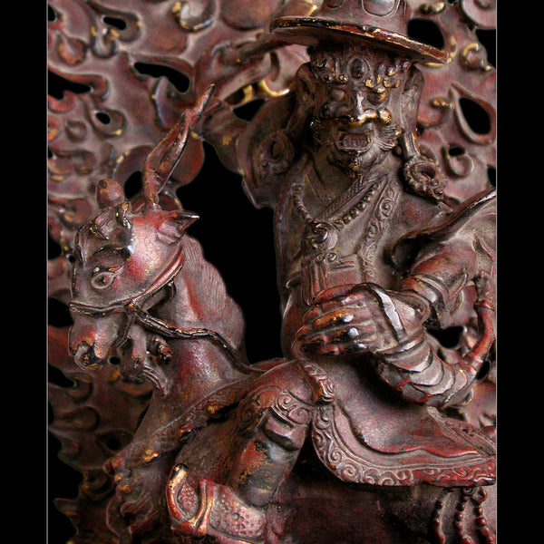 Damchen Garwa Nagpo Guardian on Goat Antique Tibetan Lacquered Bronze Buddha Shrine Statue 山羊大士