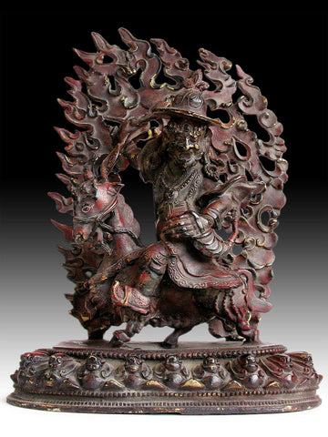 Damchen Garwa Nagpo Guardian on Goat Antique Tibetan Lacquered Bronze Buddha Shrine Statue 山羊大士