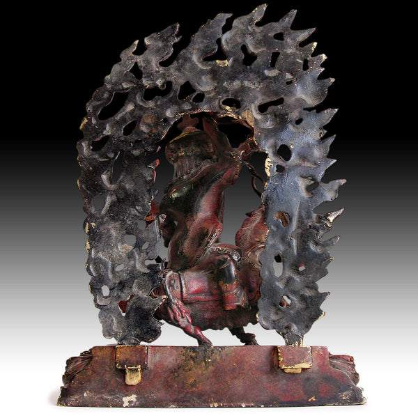 Damchen Garwa Nagpo Guardian on Goat Antique Tibetan Lacquered Bronze Buddha Shrine Statue 山羊大士