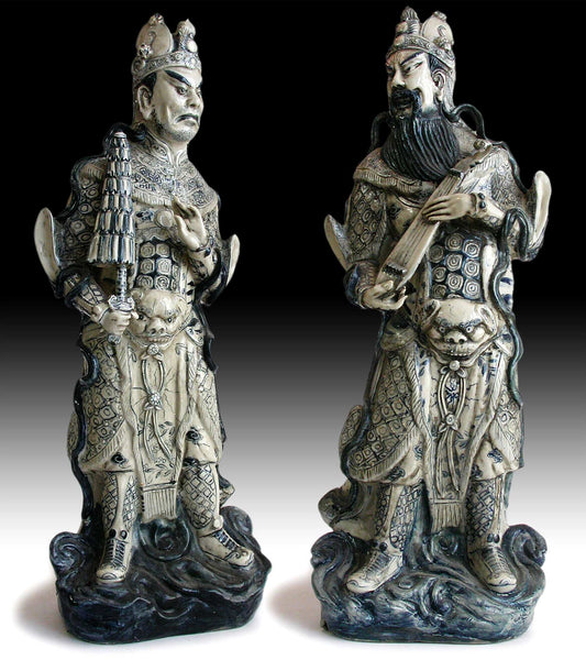Lg 1,  Jambhala Deva King Antique Chinese Blue & White Porcelain Guardian Ceramic Statue 天王魔禮壽