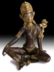 19th Century Jeweled Gilt Bronze Indra Antique Tibetan Nepal Buddha Statue 帝释天