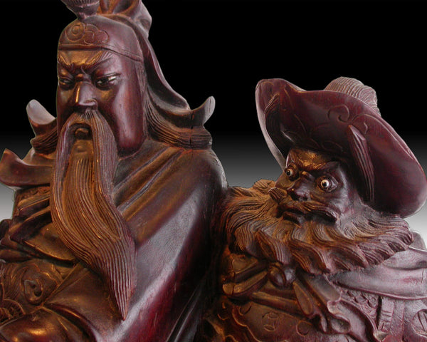 God of War Guan Yu Zhang Fei Antique Chinese Carved Rosewood Statue 17”H 關羽+張飛