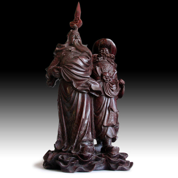 God of War Guan Yu Zhang Fei Antique Chinese Carved Rosewood Statue 17”H 關羽+張飛