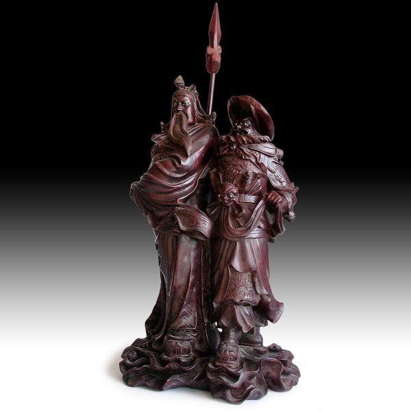God of War Guan Yu Zhang Fei Antique Chinese Carved Rosewood Statue 17”H 關羽+張飛