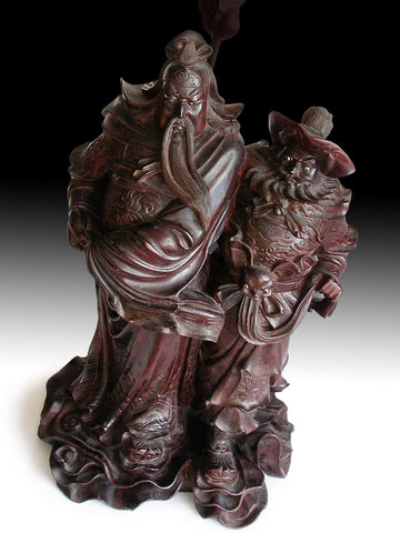 God of War Guan Yu Zhang Fei Antique Chinese Carved Rosewood Statue 17”H 關羽+張飛