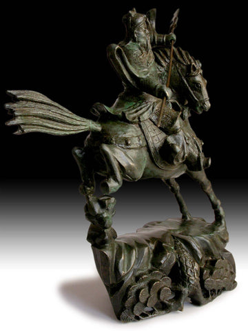 Antique Chinese Bronze Three Kingdoms God of War Guan Yu On Horse Statue 15"H 戰神關羽