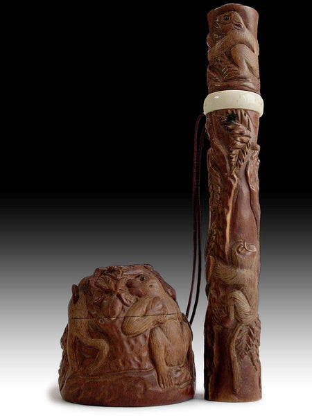 Vintage Japanese Carved Eight Monkeys Wood Kiseru Pipe Case Tonkotsu Ojime Sagemono