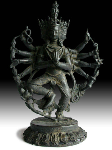 Antique Nepalese Sand Cast Bronze Thousand Armed Guan Yin Avalokiteshvara Statue 觀自在菩薩