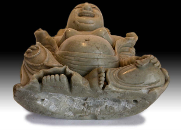 19th Century Antique Chinese Carved Budai Hotei Laughing Buddha 大笑佛 Soapstone Statue