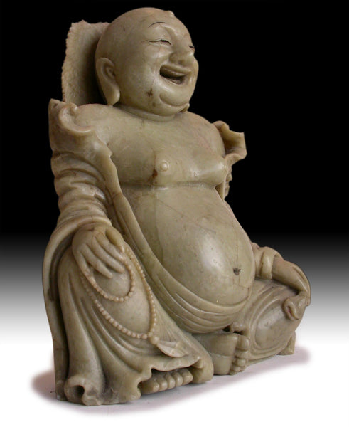 19th Century Antique Chinese Carved Budai Hotei Laughing Buddha 大笑佛 Soapstone Statue