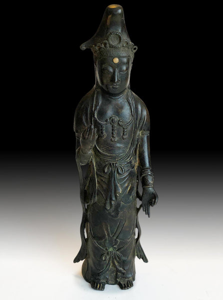 Antique Japanese Bronze Black Kannon Bosatsu Guan Yin Buddha Statue 觀世音菩薩