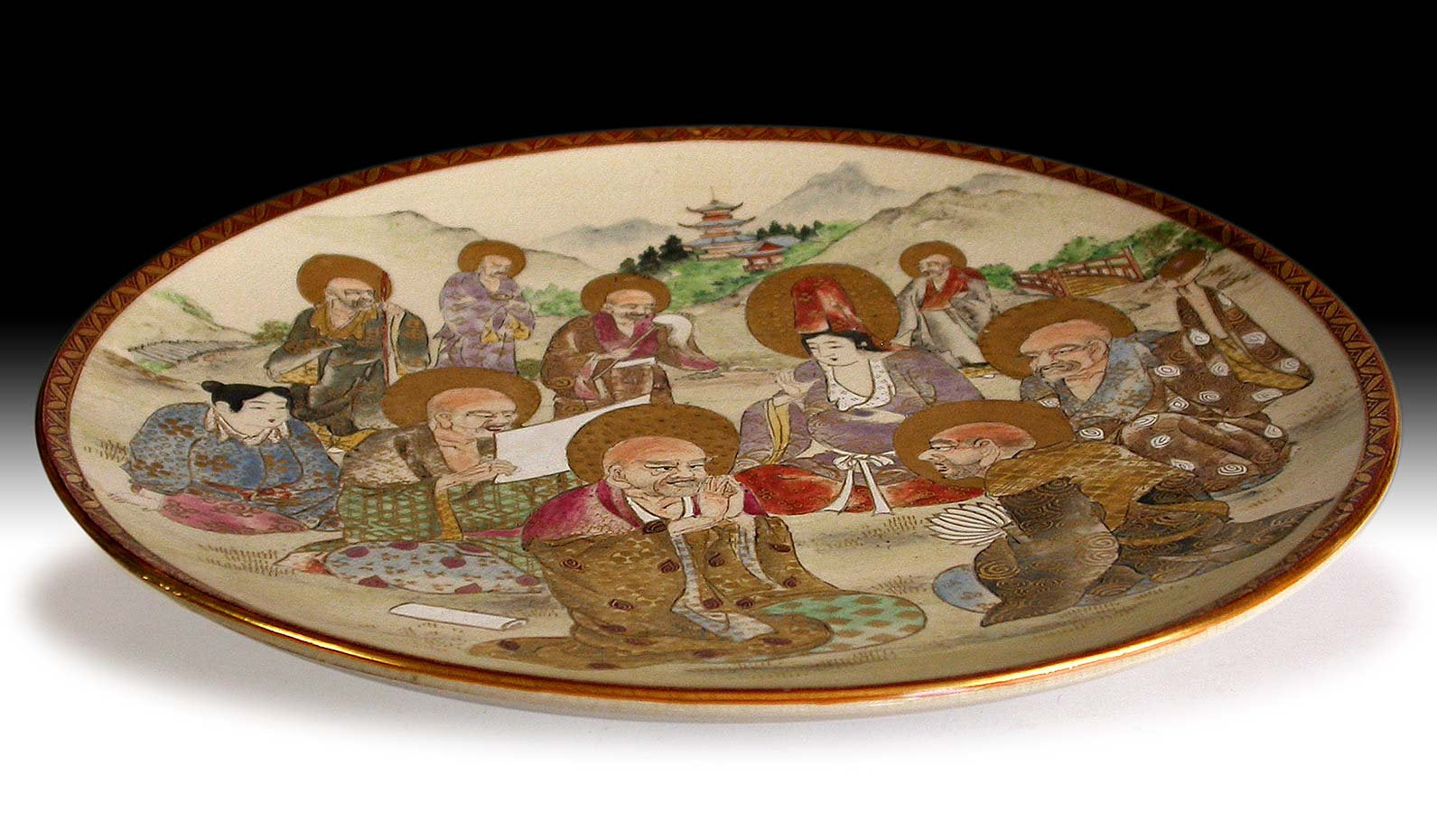 Meiji Period Kannon Dharma Teaching Buddhist Art Satsuma Plate Sig Kyokuzan 薩摩焼