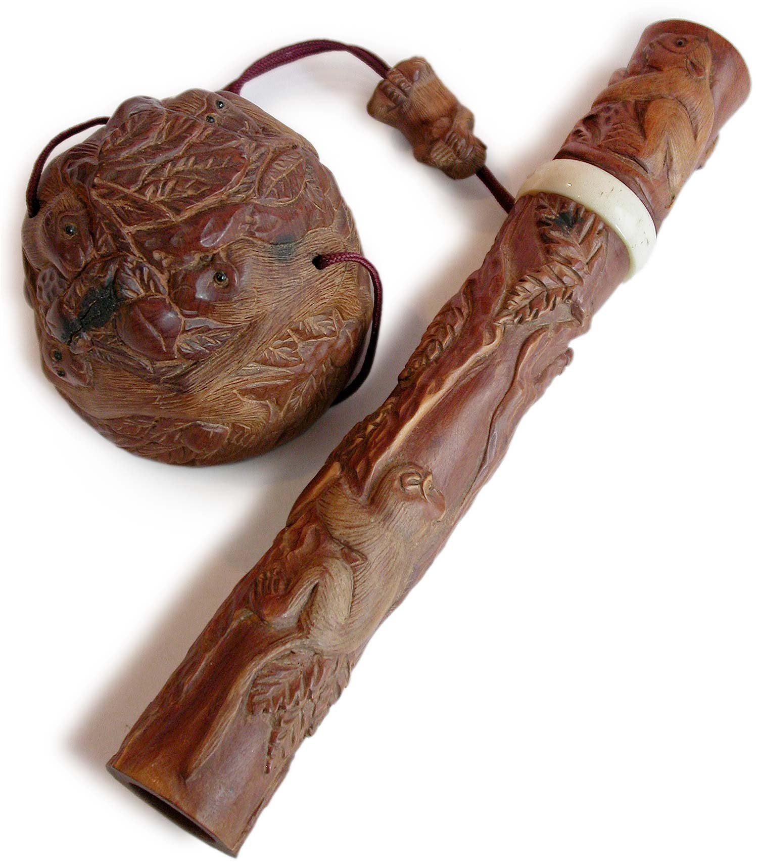 Vintage Japanese Carved Eight Monkeys Wood Kiseru Pipe Case Tonkotsu Ojime Sagemono