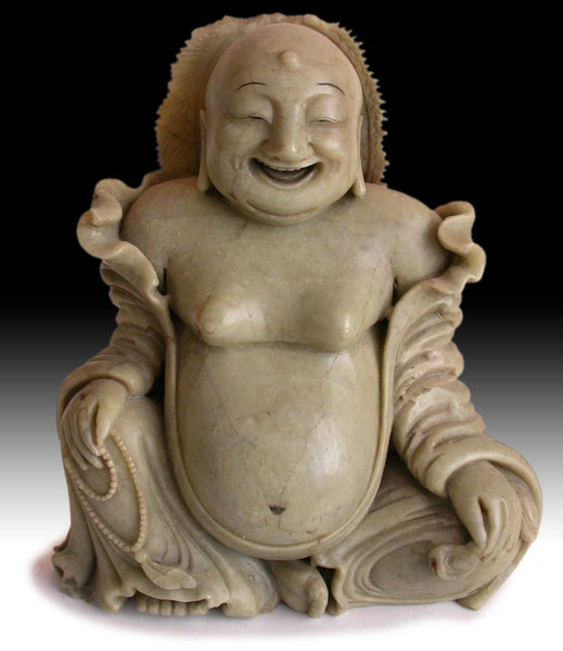 19th Century Antique Chinese Carved Budai Hotei Laughing Buddha 大笑佛 Soapstone Statue