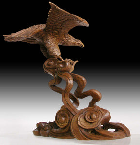 Vintage Japanese Hand Carved Eagle Soaring Over Cloud Okimono Wood Statue 雲鷹