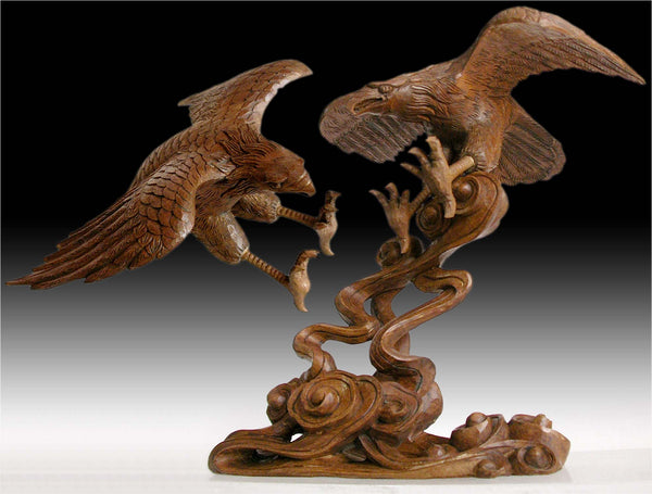 Vintage Japanese Hand Carved Eagle Soaring Over Cloud Okimono Wood Statue 雲鷹