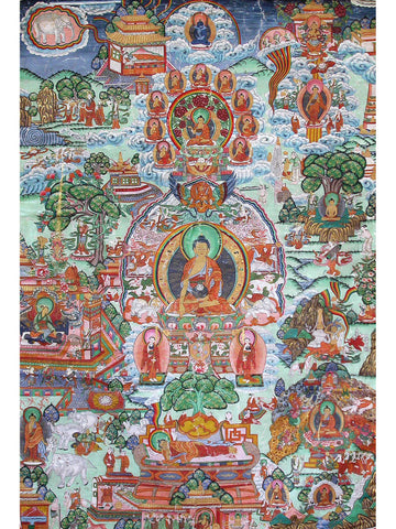 Antique Tibetan Life Story of Buddha Shakyamuni Consecrated Thangka Scroll Painting 釋迦牟尼佛