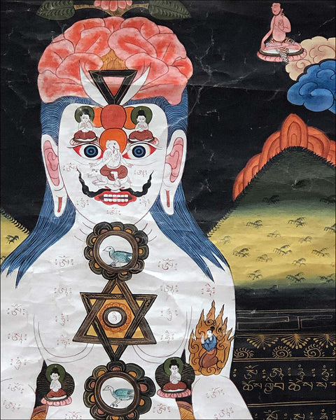 Antique Tibetan Loka Purusha Cosmic Man Yogi Seven Chakra Gouache on Silk Thangka Painting