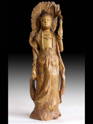 Vintage Japanese Carved Kannon Bosatsu Guanyin Goddess of Compassion Root Wood Statue 観音