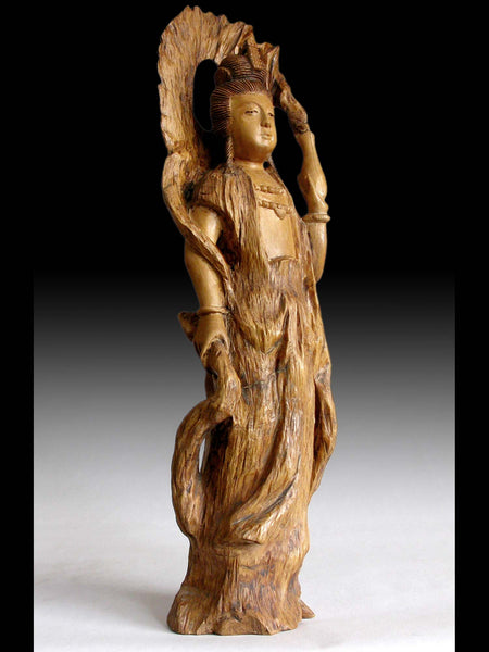 Vintage Japanese Carved Kannon Bosatsu Guanyin Goddess of Compassion Root Wood Statue 観音