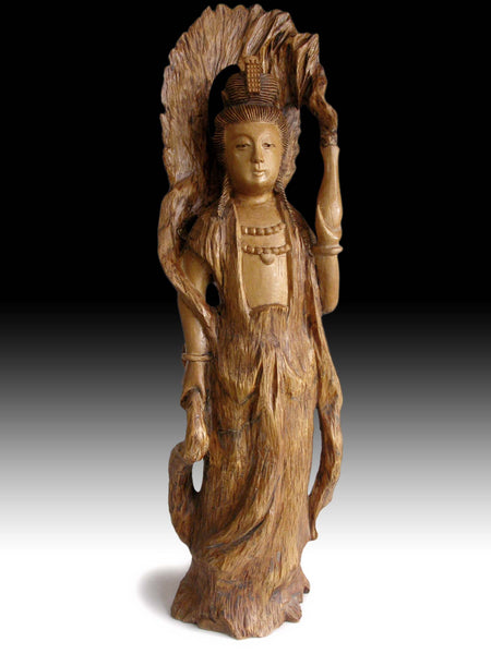 Vintage Japanese Carved Kannon Bosatsu Guanyin Goddess of Compassion Root Wood Statue 観音
