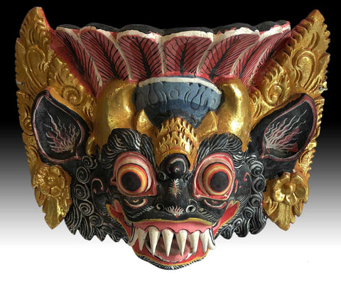 Vintage Indonesian Bali Painted Queen Rangda Guardian Barong Wood Mask Carving