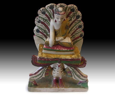 19th Century Burmese Amitabha Buddha On Peacock Marble Stone Shrine