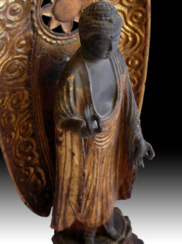 19th Century Japanese Edo Carved Gilt Wood Amida Nyorai 阿弥陀如来 Buddha Statue Family Shrine