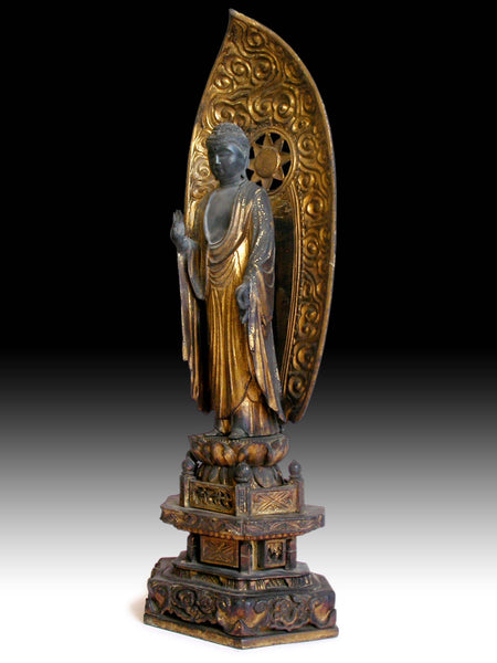 19th Century Japanese Edo Carved Gilt Wood Amida Nyorai 阿弥陀如来 Buddha Statue Family Shrine