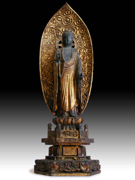 19th Century Japanese Edo Carved Gilt Wood Amida Nyorai 阿弥陀如来 Buddha Statue Family Shrine