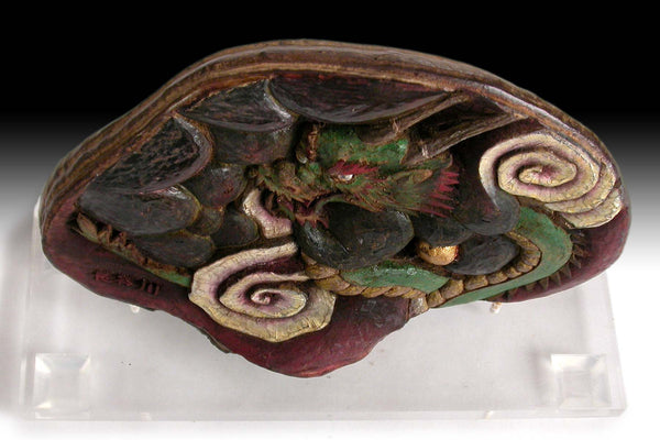 Magic Dragon on Healing Reishi Lingzhi Mushroom Rare Japanese Carving 靈芝