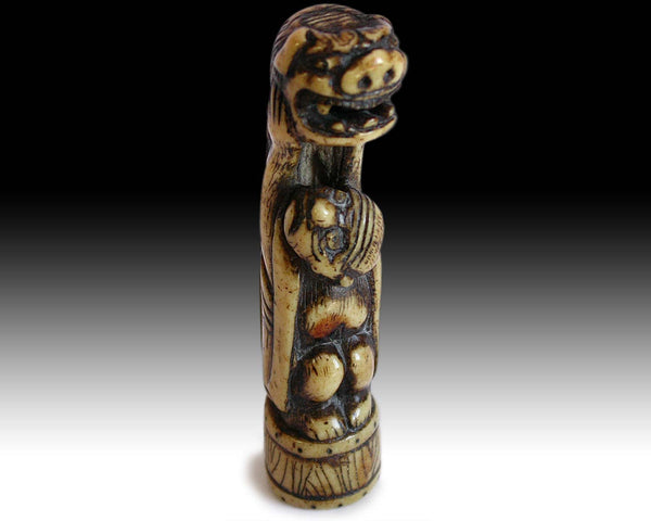 Early 19th Century Japanese Carved Antler Monkey Shishimai Lion Dance Netsuke 舞狮猿