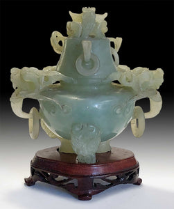 Vintage Hand Carved Natural Translucent Nephrite Serpentine Xiu Jade 岫玉 Tripod Censer
