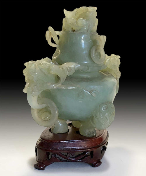 Vintage Hand Carved Natural Translucent Nephrite Serpentine Xiu Jade 岫玉 Tripod Censer