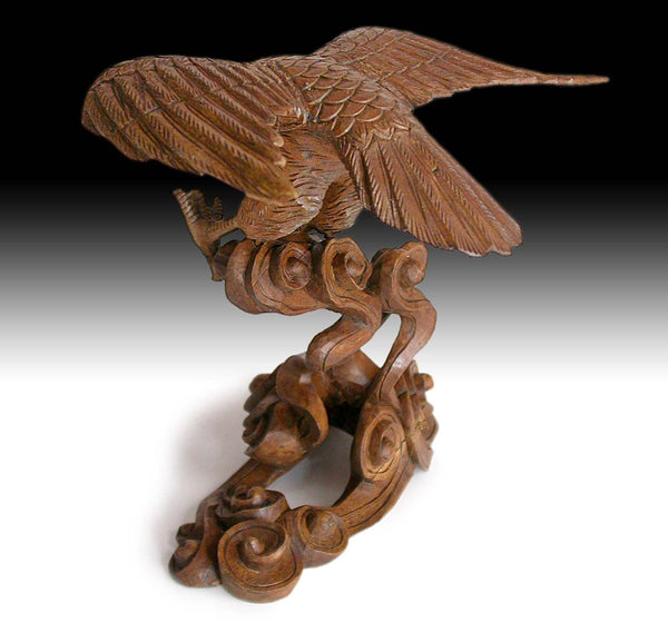 Vintage Japanese Hand Carved Eagle Soaring Over Cloud Okimono Wood Statue 雲鷹