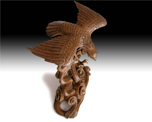 Vintage Japanese Hand Carved Eagle Soaring Over Cloud Okimono Wood Statue 雲鷹