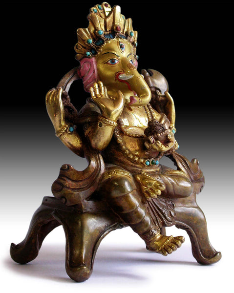 Baby Ganesh Hindu God of Wealth Vintage Antique Nepalese Jeweled Gilt Bronze Statue