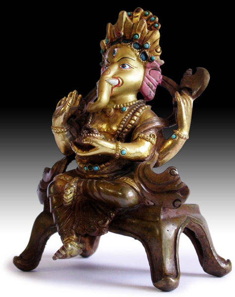 Baby Ganesh Hindu God of Wealth Vintage Antique Nepalese Jeweled Gilt Bronze Statue