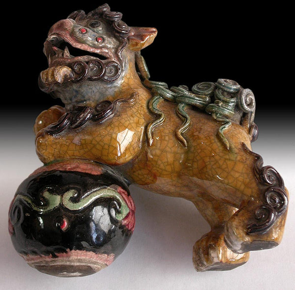 Vintage Chinese Enamel Glazed Wucai Porcelain Ceramic Pottery Feng Shui Foo Dog Lion Pair 風水五彩福狗