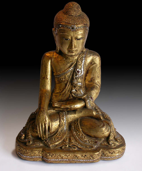 Vintage Gautama Shakyamuni Buddha Earth Pointing Witness Gilt Wood Statue 14”H