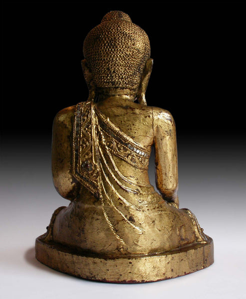 Vintage Gautama Shakyamuni Buddha Earth Pointing Witness Gilt Wood Statue 14”H