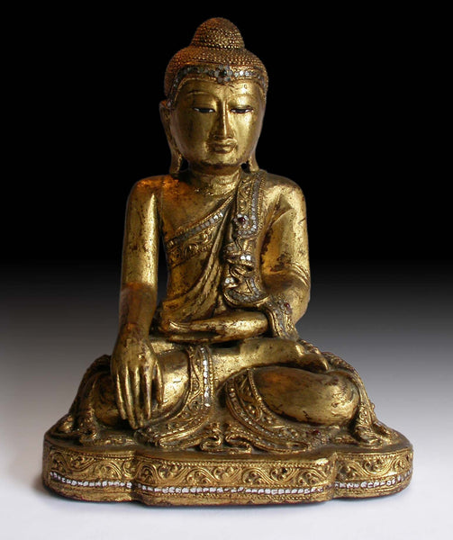 Vintage Gautama Shakyamuni Buddha Earth Pointing Witness Gilt Wood Statue 14”H