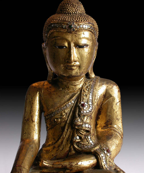 Vintage Gautama Shakyamuni Buddha Earth Pointing Witness Gilt Wood Statue 14”H