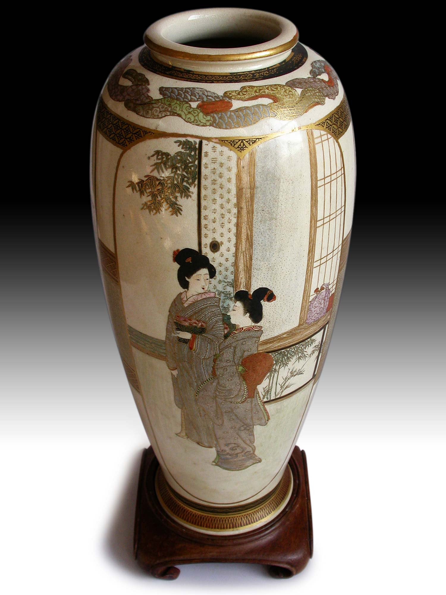 Meiji Satsuma Vase by Mitsuzan Antique Japanese Pottery Ceramic Ware of Court Lady Geisha Kozan 光山